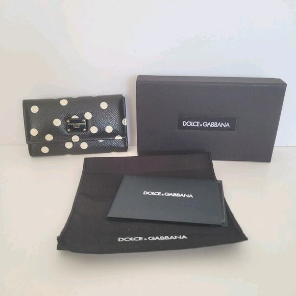 Dolce&Gabbana Leather Key Case Wallet Smalll Trifold Black White Polka Dot Box - Picture 1 of 11
